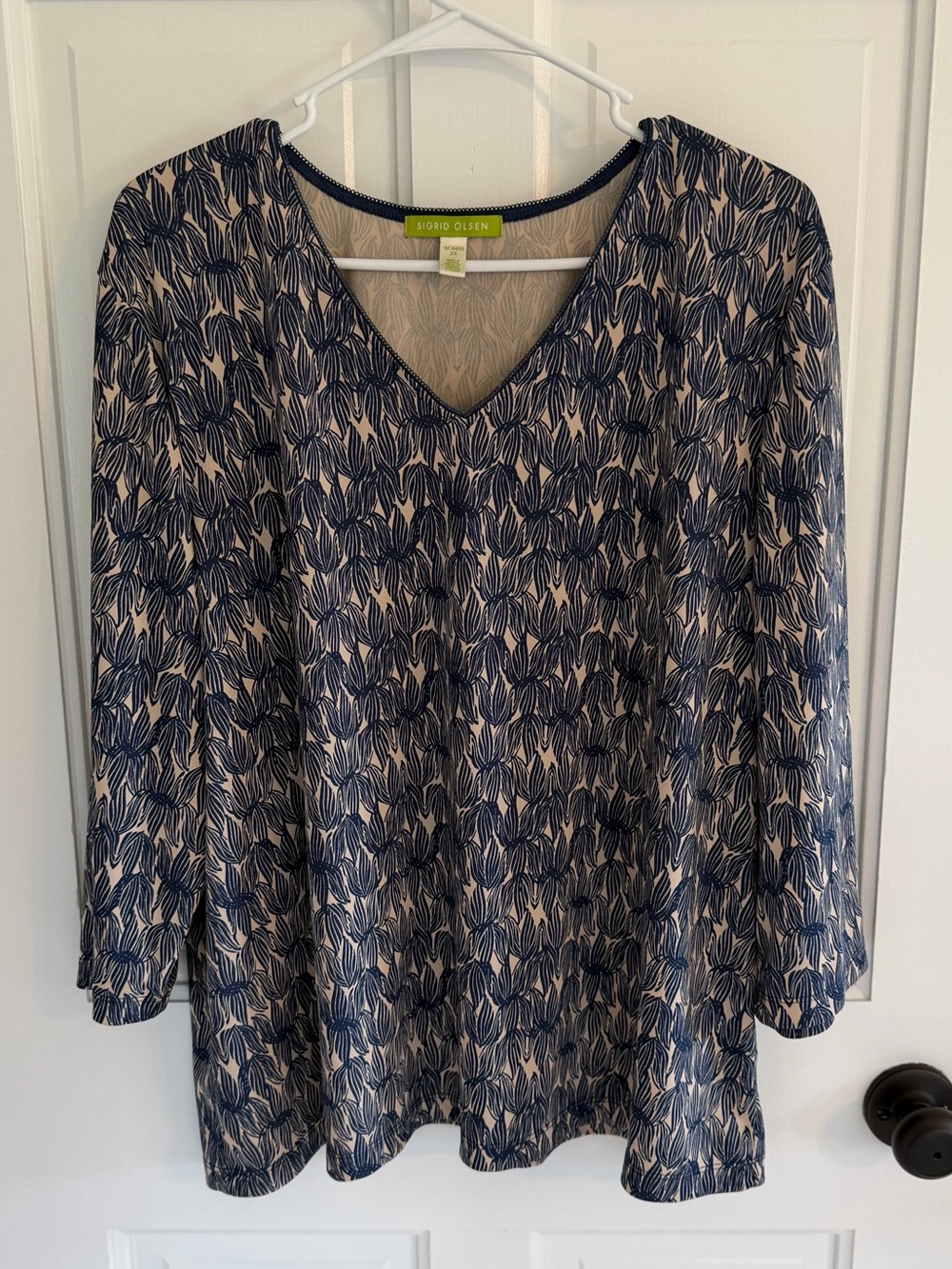 Sigrid Olsen Plus Size 3X Navy Floral V Neck Tunic Top 3/4 Sleeve